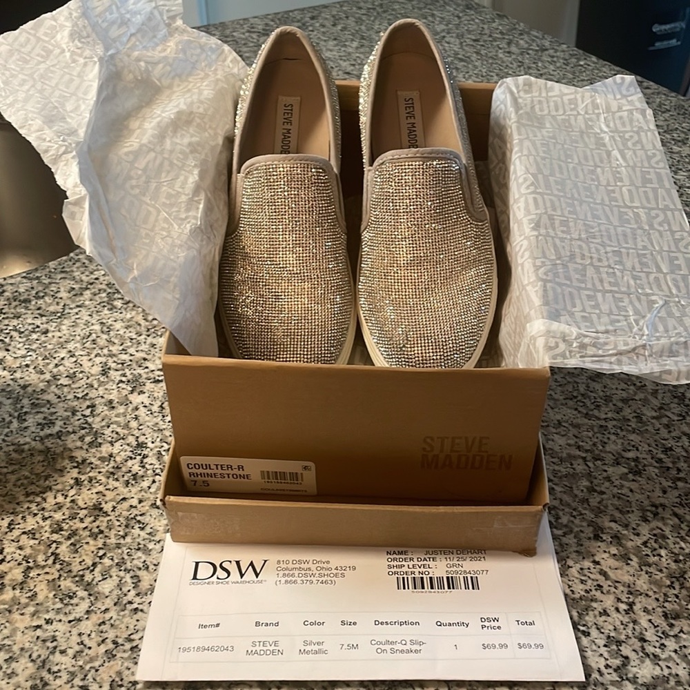Steve Madden silver rhinestone slip on sneaker